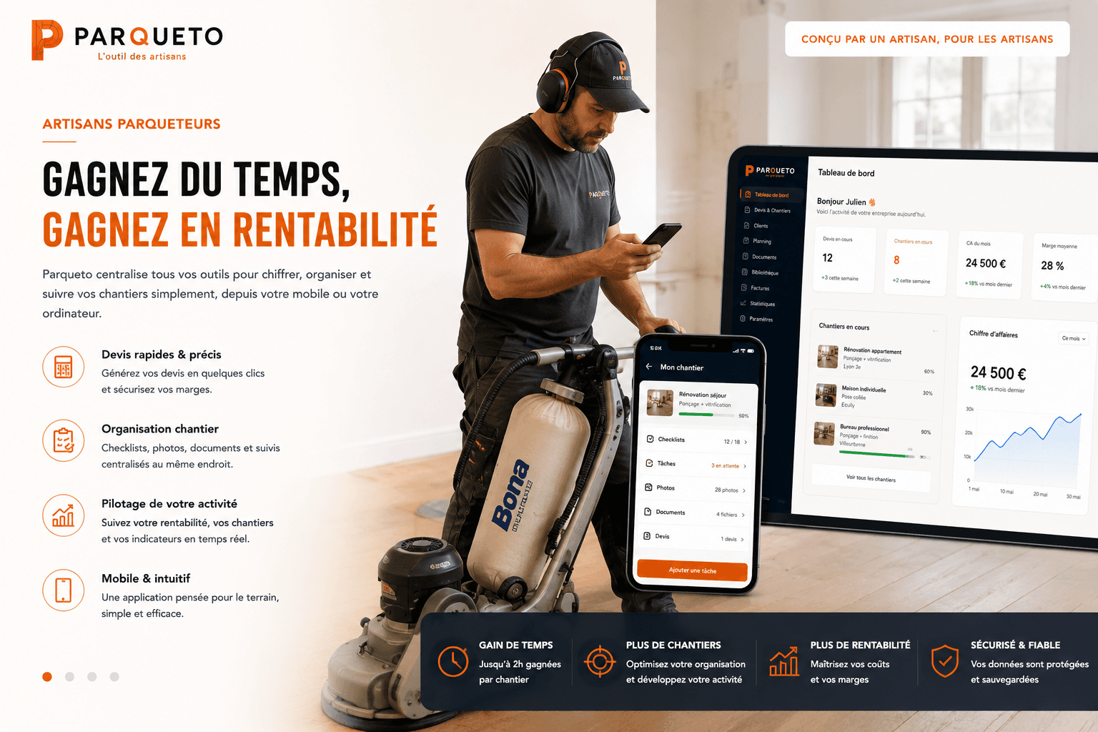 Application Parqueto pour artisan parqueteur : devis, chantiers, statistiques et pilotage de l'activité