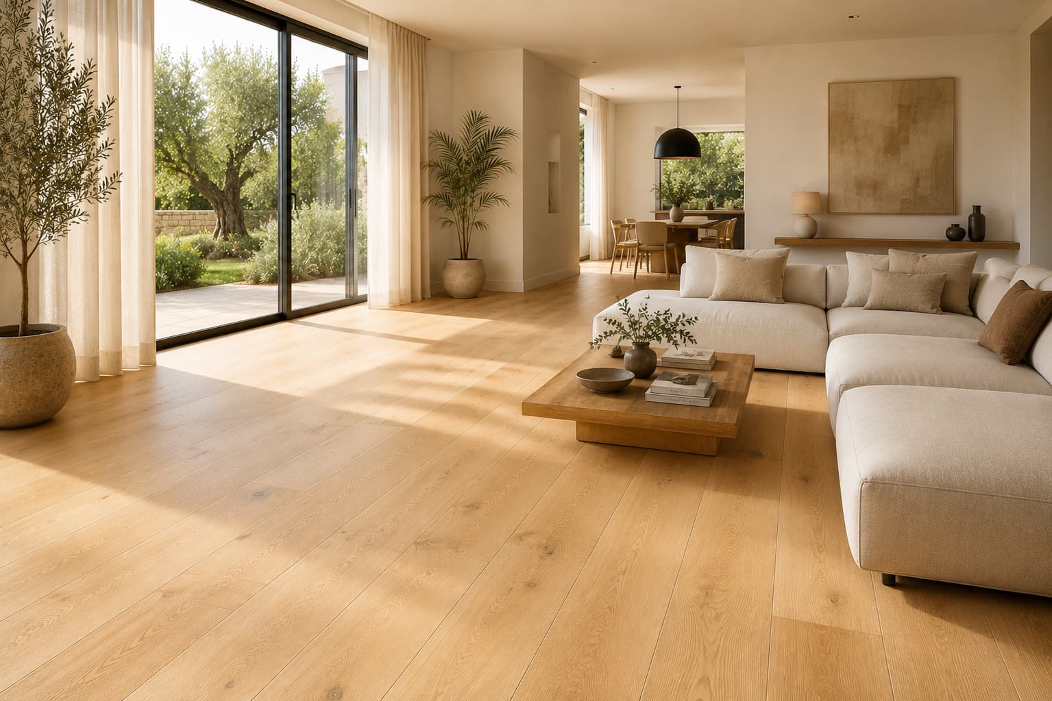 Salon lumineux avec parquet chêne massif lames larges teinte miel