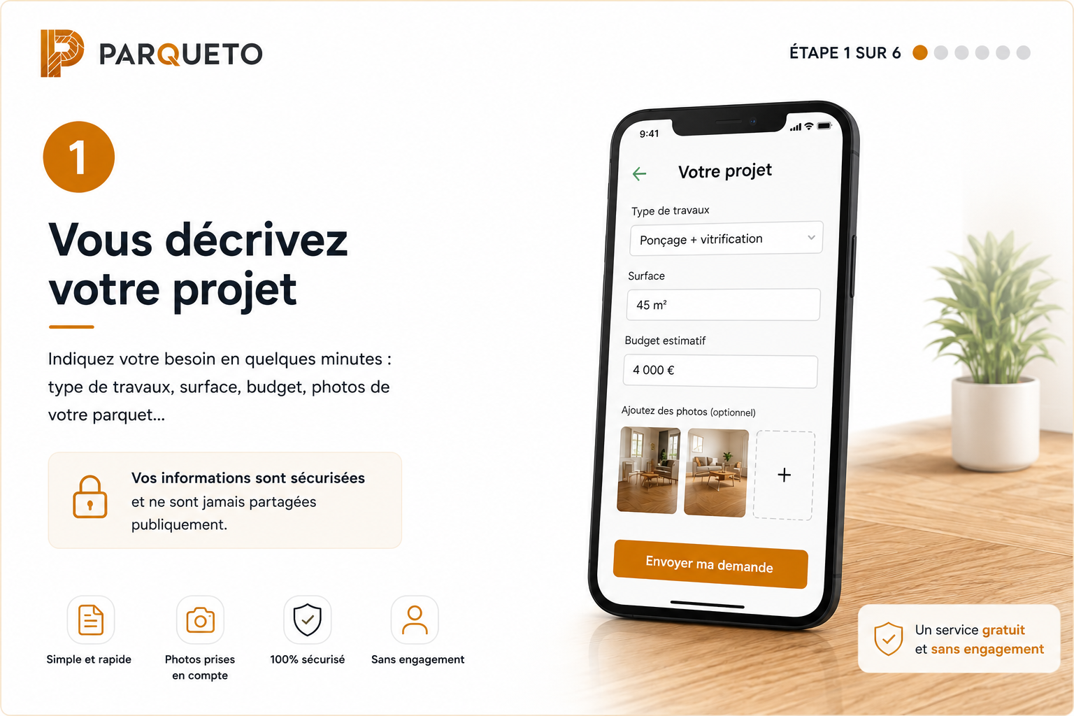 Étape 1 côté client : formulaire de description du projet parquet sur mobile.